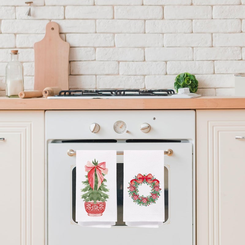 SPBL&L Chinoiserie Christmas Kitchen Towels,Red Bow Coquette Christmas Tree Dish Towels for Kitchen Bathroom, Red Christmas Hand Towels for Kitchen,Set of 2 Grandmillennial Decor,16x24 Inches - Image 2